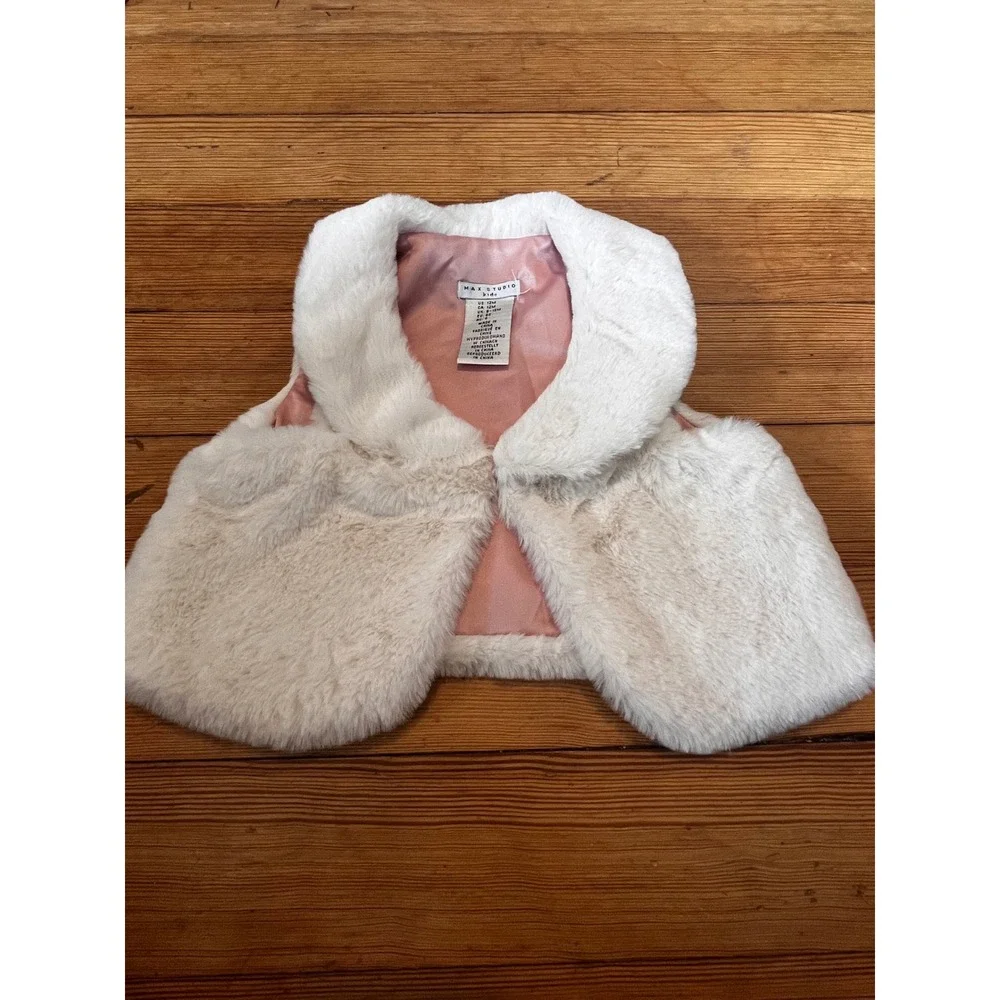 Max Studio Kids Faux Fur Vest Cream Pink Satin Lining Button Front Toddler 12M
